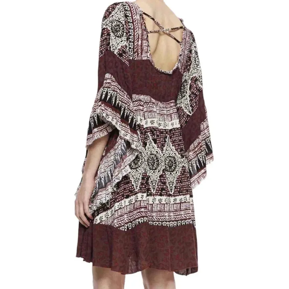 Free People Heart of Gold Red Black Bohemian Peasant Flare Sleeve Dress Sz S